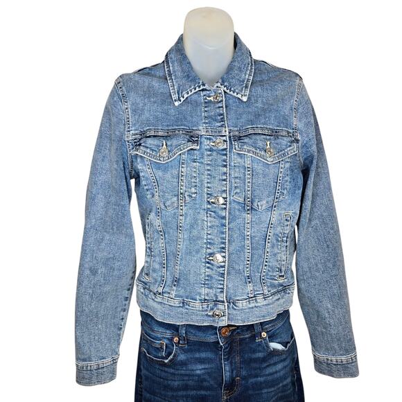 Mango MNG‎ Womens Denim Jacket Large Trucker Style Metal Buttons Retro Coat - Picture 1 of 9